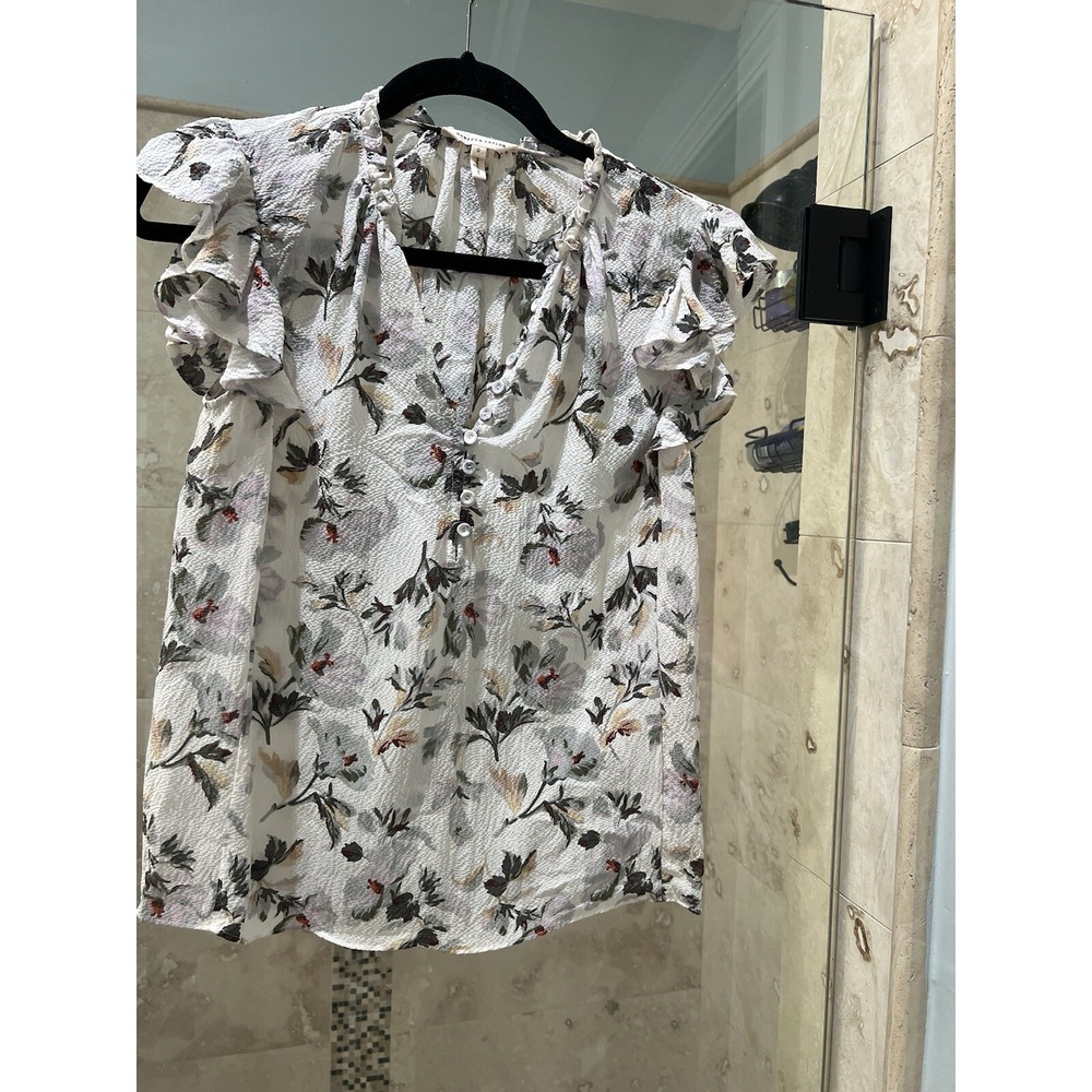 Rebecca Taylor Women Silk Floral Peasant Top Flutter Sleeve White Green Size 0